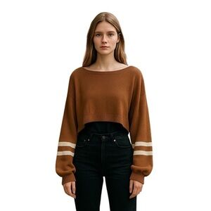 Y2K Varsity Double Striped Cropped Acrylic Sweater SIZE Large Brown & Wh…